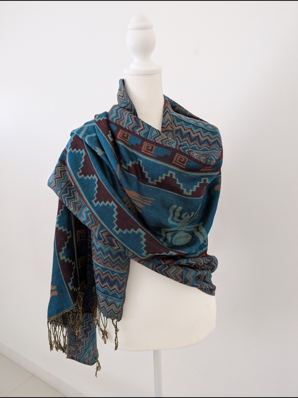 Boho Shawl Teal & Brown Southwestern Patterned Woven Geometric Fringe Edge Scarf